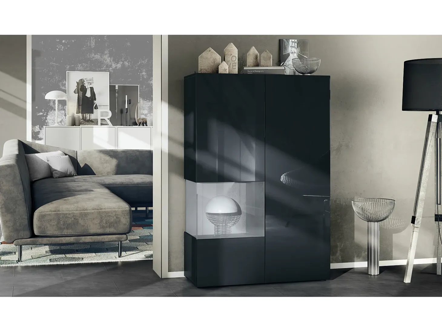 Vitrina Vladon Morena V2, vitrina de pie con 2 puertas e inserción de cristal, carcasa negro mate, frentes negro de alto brillo, Cube hormigón oxidado