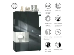 Vitrina Vladon Morena V2, vitrina de pie con 2 puertas e inserción de cristal, carcasa negro mate, frentes negro de alto brillo, Cube negro de alto brillo