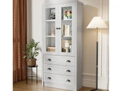 Vitrina 80x34x171 cm - con 2 puertas de vidrio - 3 cajones - gris + natural