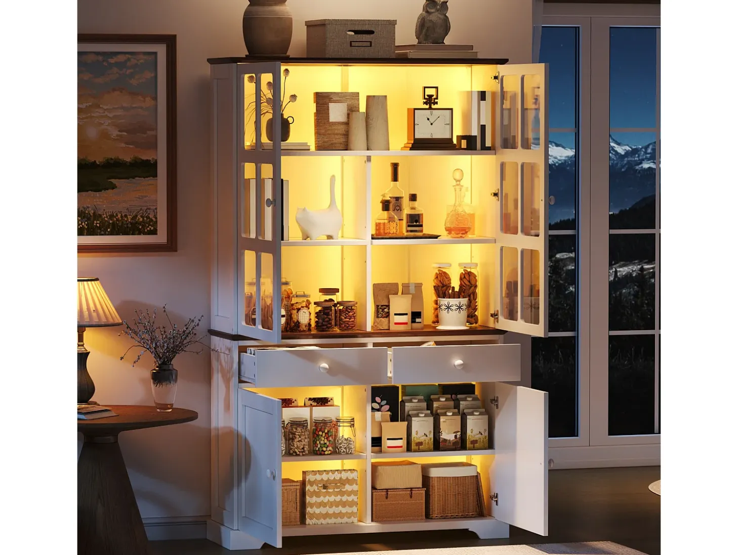 Vitrina 120x36,5x200 cm - con iluminación LED - 2 cajones y 4 puertas - MDF - Blanco