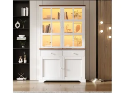 Vitrina 120x36,5x200 cm - con iluminación LED - 2 cajones y 4 puertas - MDF - Blanco