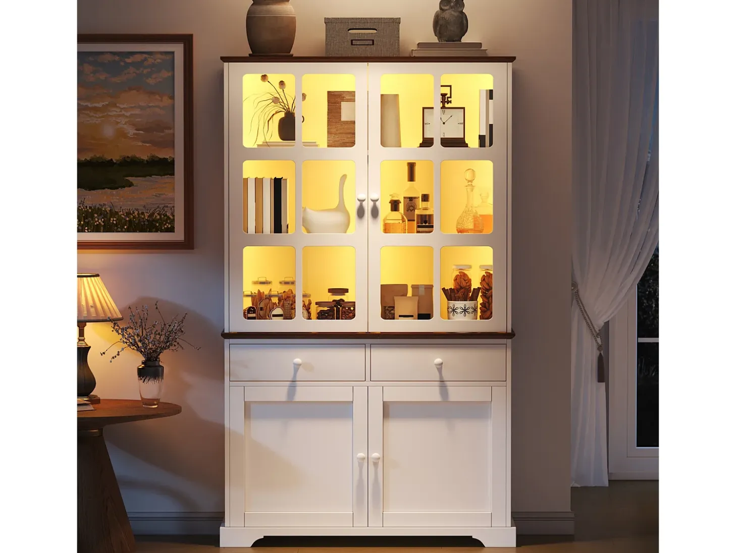 Vitrina 120x36,5x200 cm - con iluminación LED - 2 cajones y 4 puertas - MDF - Blanco