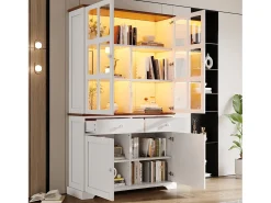 Vitrina 120x36,5x200 cm - con iluminación LED - 2 cajones y 4 puertas - MDF - Blanco