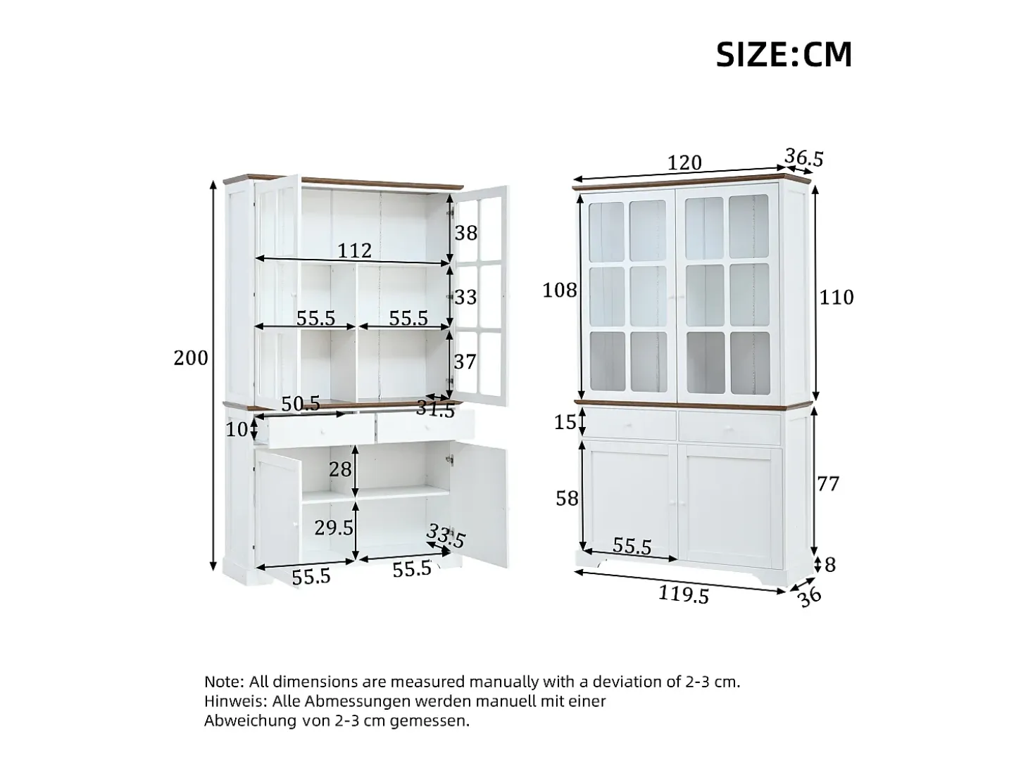 Vitrina 120x36,5x200 cm - con iluminación LED - 2 cajones y 4 puertas - MDF - Blanco