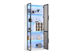Vitrina 80x35x200 cm - con iluminación LED - con almacenamiento para vino - 2 puertas de vidrio - Blanco