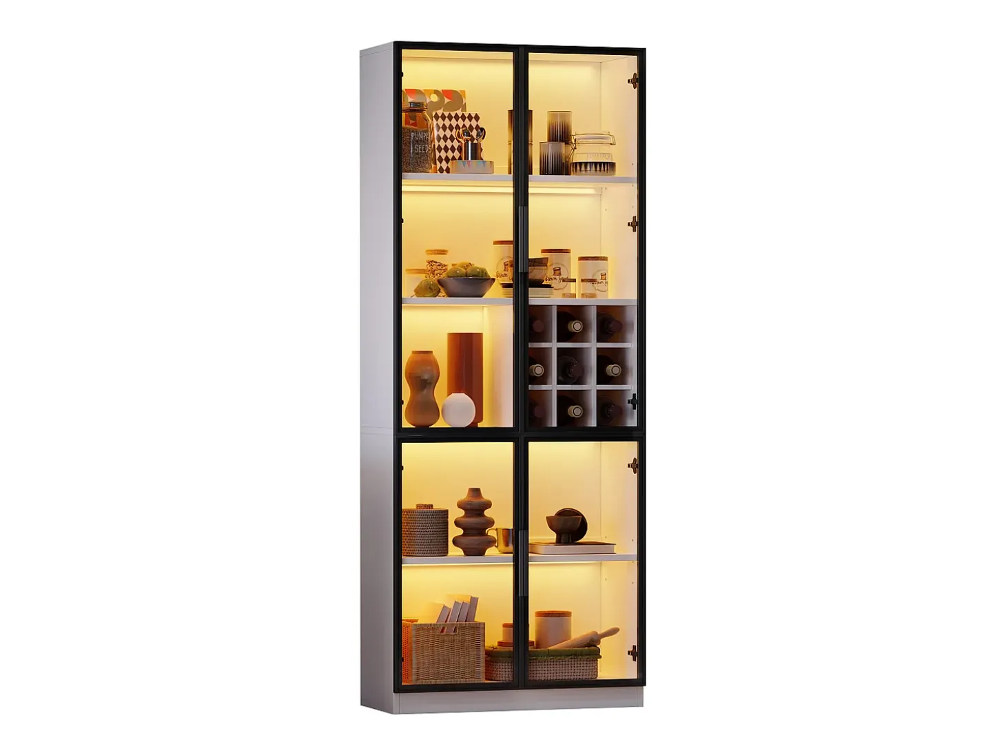 Vitrina 80x35x200 cm - con iluminación LED - con almacenamiento para vino - 2 puertas de vidrio - Blanco