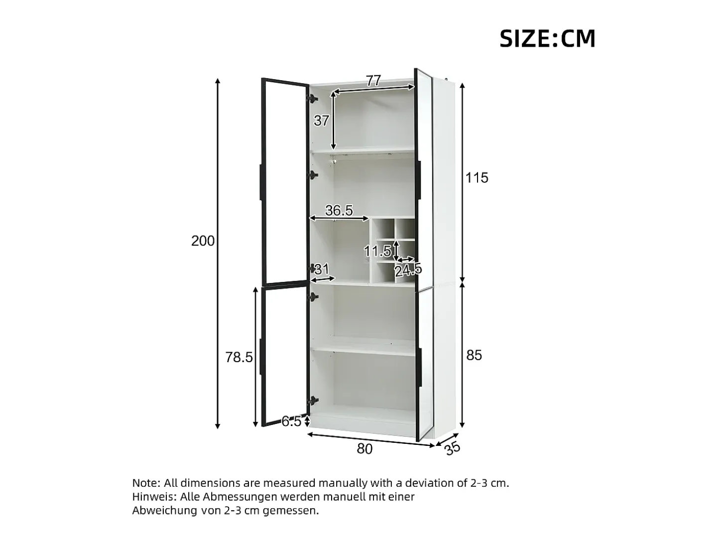 Vitrina 80x35x200 cm - con iluminación LED - con almacenamiento para vino - 2 puertas de vidrio - Blanco