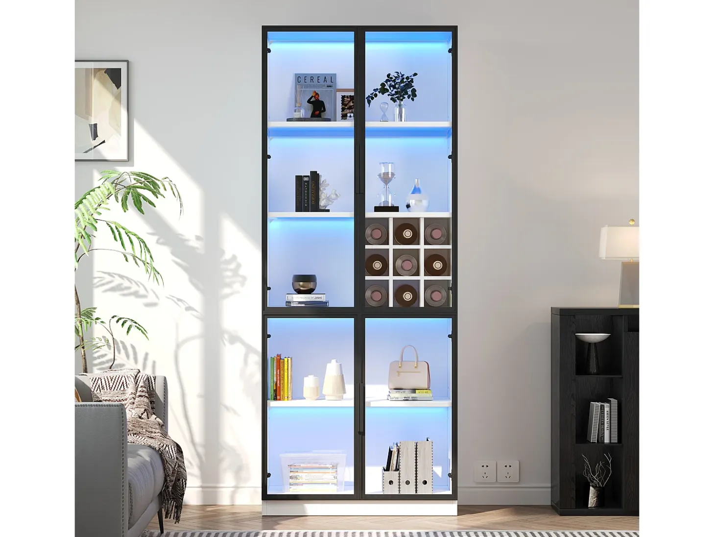 Vitrina 80x35x200 cm - con iluminación LED - con almacenamiento para vino - 2 puertas de vidrio - Blanco