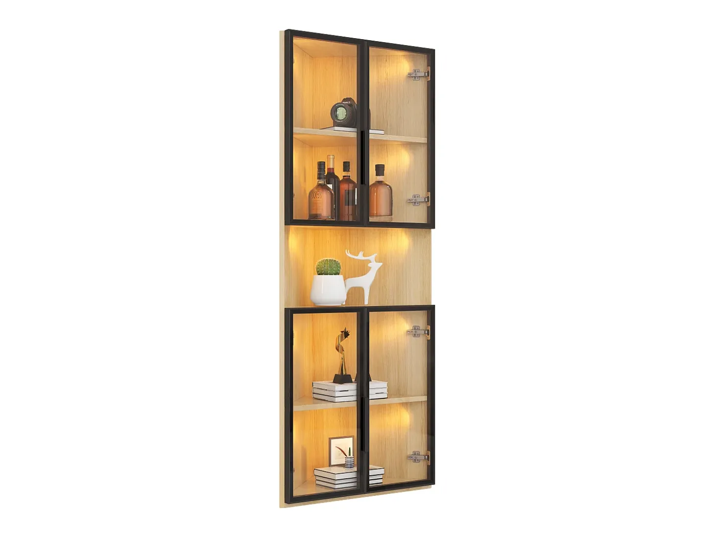 Vitrina 62x32x160 cm - con iluminación LED - 4 puertas de vidrio templado - acabado roble - MDF - Natural