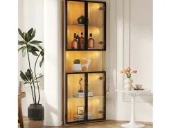 Vitrina 62x32x160 cm - con iluminación LED - 4 puertas de vidrio templado - acabado roble - MDF - Natural