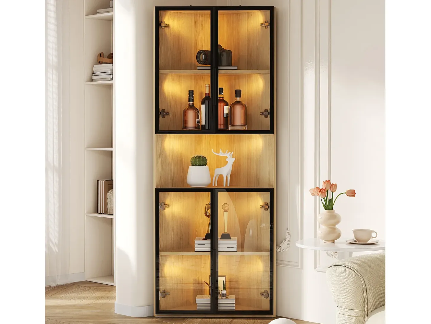 Vitrina 62x32x160 cm - con iluminación LED - 4 puertas de vidrio templado - acabado roble - MDF - Natural