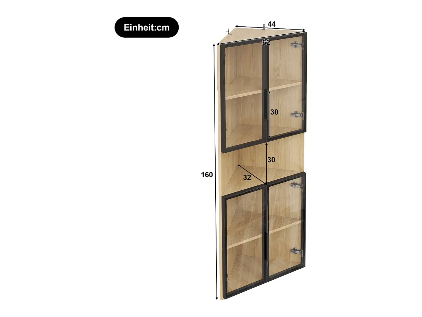 Vitrina 62x32x160 cm - con iluminación LED - 4 puertas de vidrio templado - acabado roble - MDF - Natural