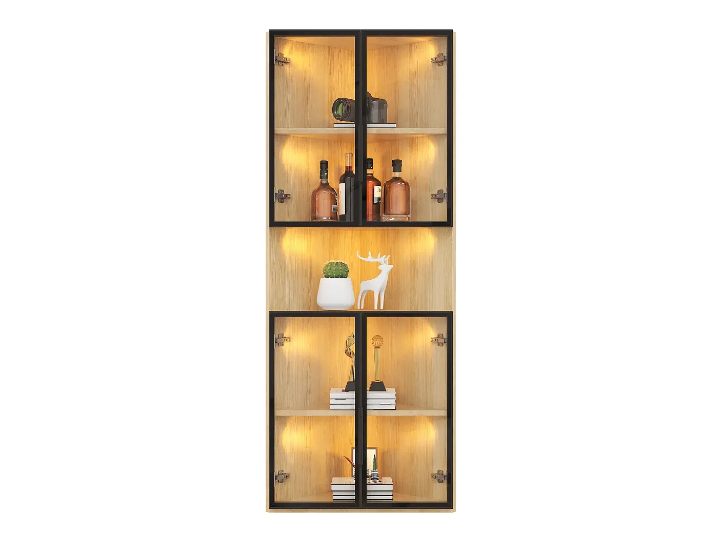 Vitrina 62x32x160 cm - con iluminación LED - 4 puertas de vidrio templado - acabado roble - MDF - Natural