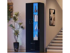 Vitrina 60x35x182 cm con iluminación LED - 2 puertas y 2 cajones - Puertas de vidrio - Tableros de partículas - Negro