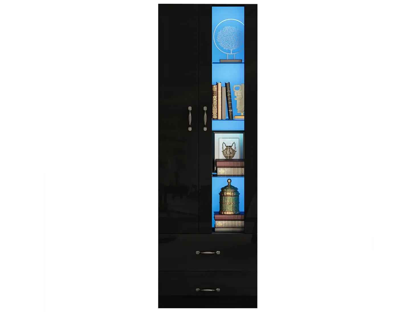 Vitrina 60x35x182 cm con iluminación LED - 2 puertas y 2 cajones - Puertas de vidrio - Tableros de partículas - Negro