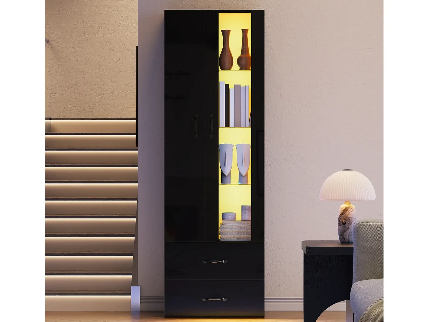 Vitrina 60x35x182 cm con iluminación LED - 2 puertas y 2 cajones - Puertas de vidrio - Tableros de partículas - Negro