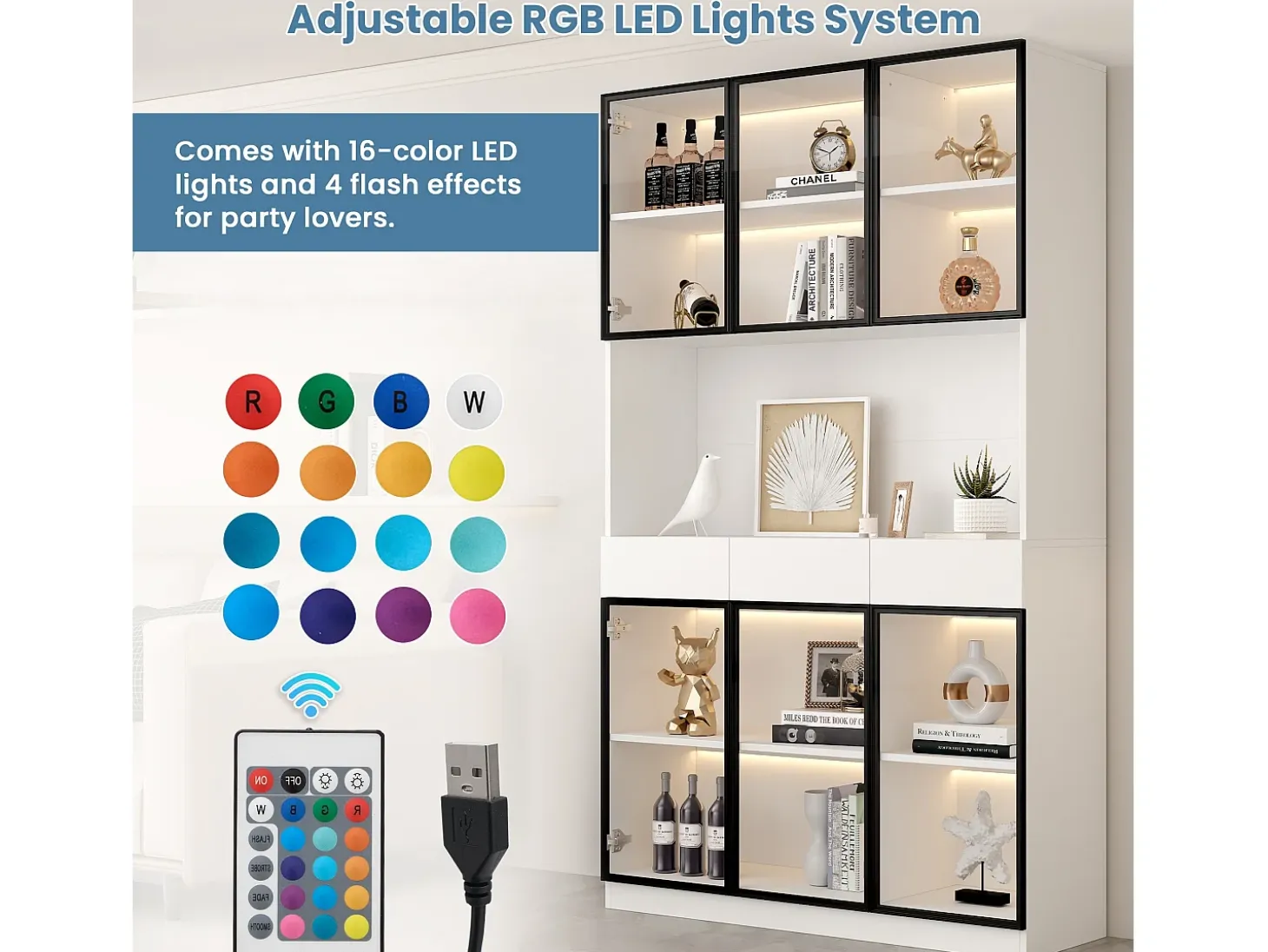Vitrina 120x36x200 cm con LED - 6 puertas de cristal y 3 cajones - Blanco