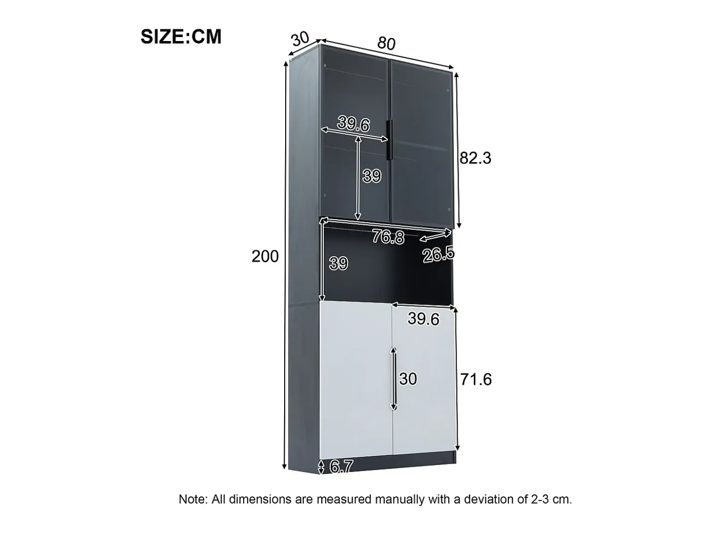 Vitrina 80x30x200 cm con LED - 4 puertas (2 de cristal) - Blanco y Negro
