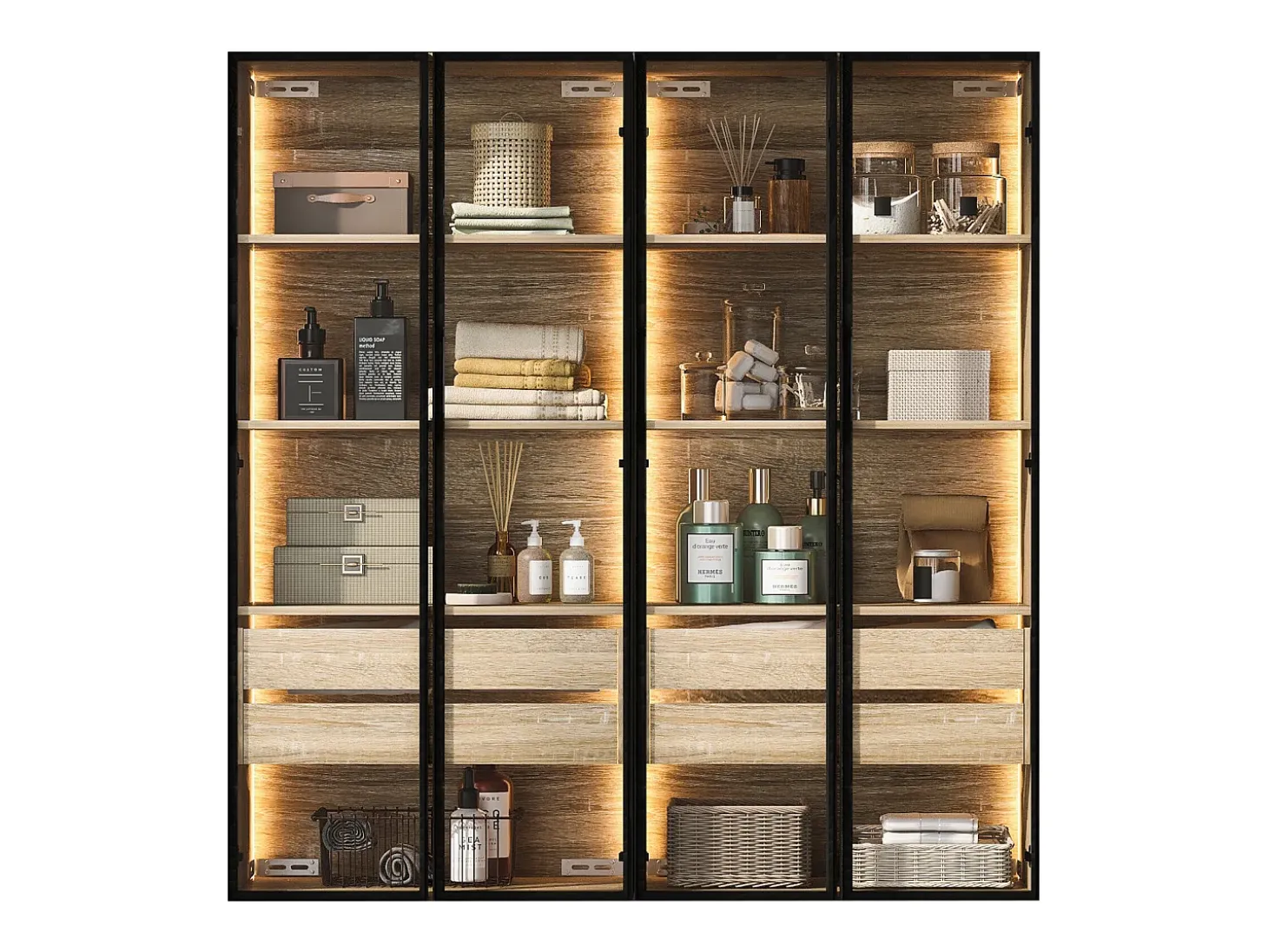 Vitrinas、Mueble de baño con LED - 2 cajones grandes y 2 puertas de cristal - Natural