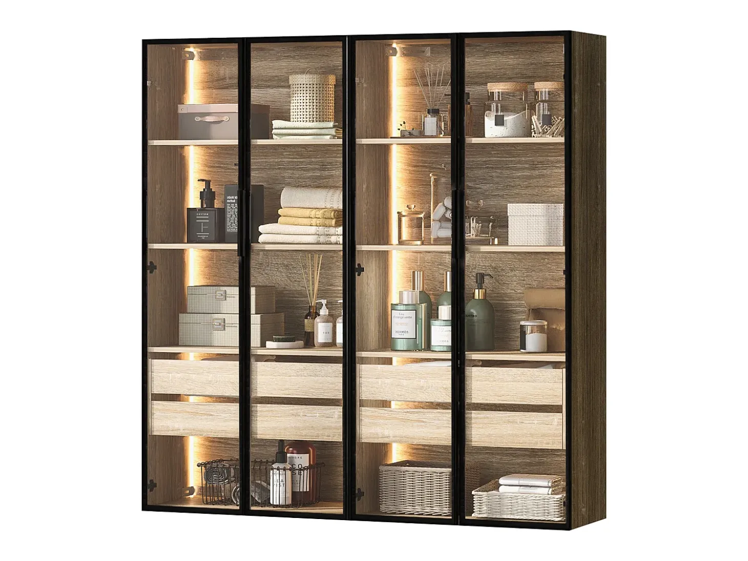 Vitrinas、Mueble de baño con LED - 2 cajones grandes y 2 puertas de cristal - Natural