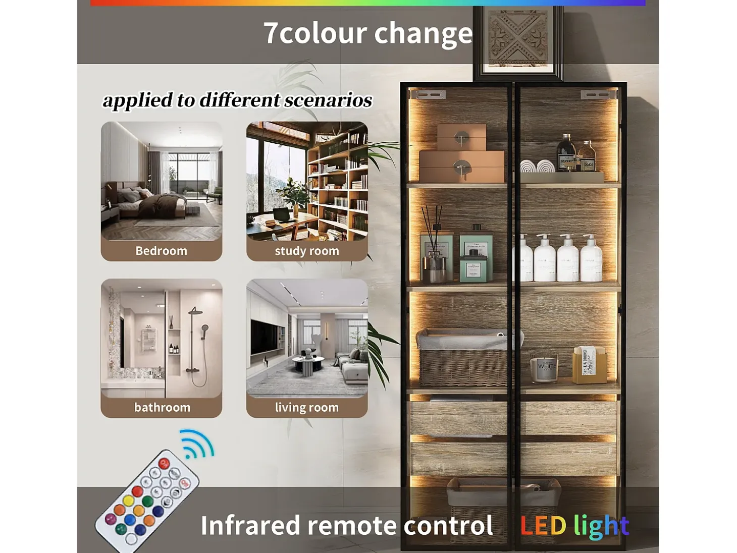 Vitrinas、Mueble de baño con LED - 2 cajones grandes y 2 puertas de cristal - Natural