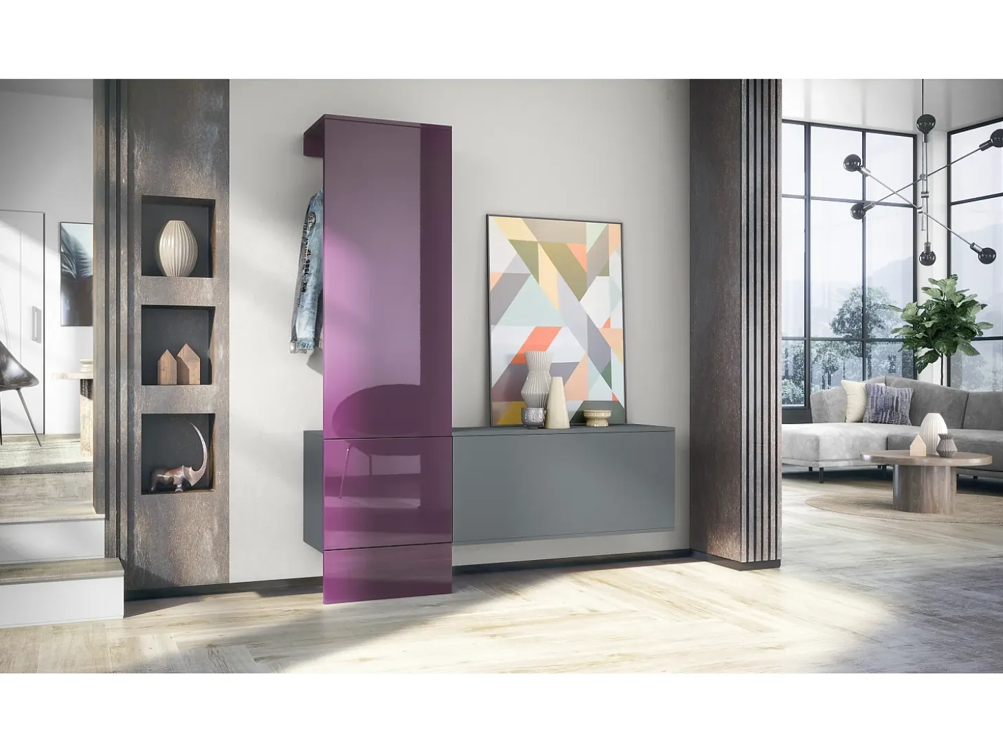 Vladon Mueble recibidor Carlton Set 4, Mueble de entrada compuesto por 1 Perchero, 1 Zapatero, antracita mate/zarzamora de alto brillo (156,5 x 193 x 35 cm)
