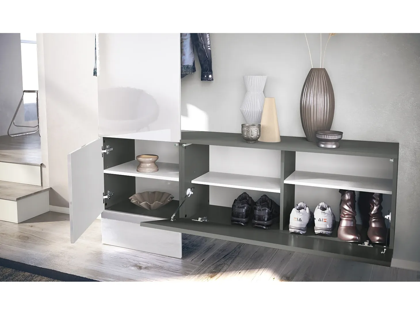 Vladon Mueble recibidor Carlton Set 4, Mueble de entrada compuesto por 1 Perchero, 1 Zapatero, antracita mate/zarzamora de alto brillo (156,5 x 193 x 35 cm)