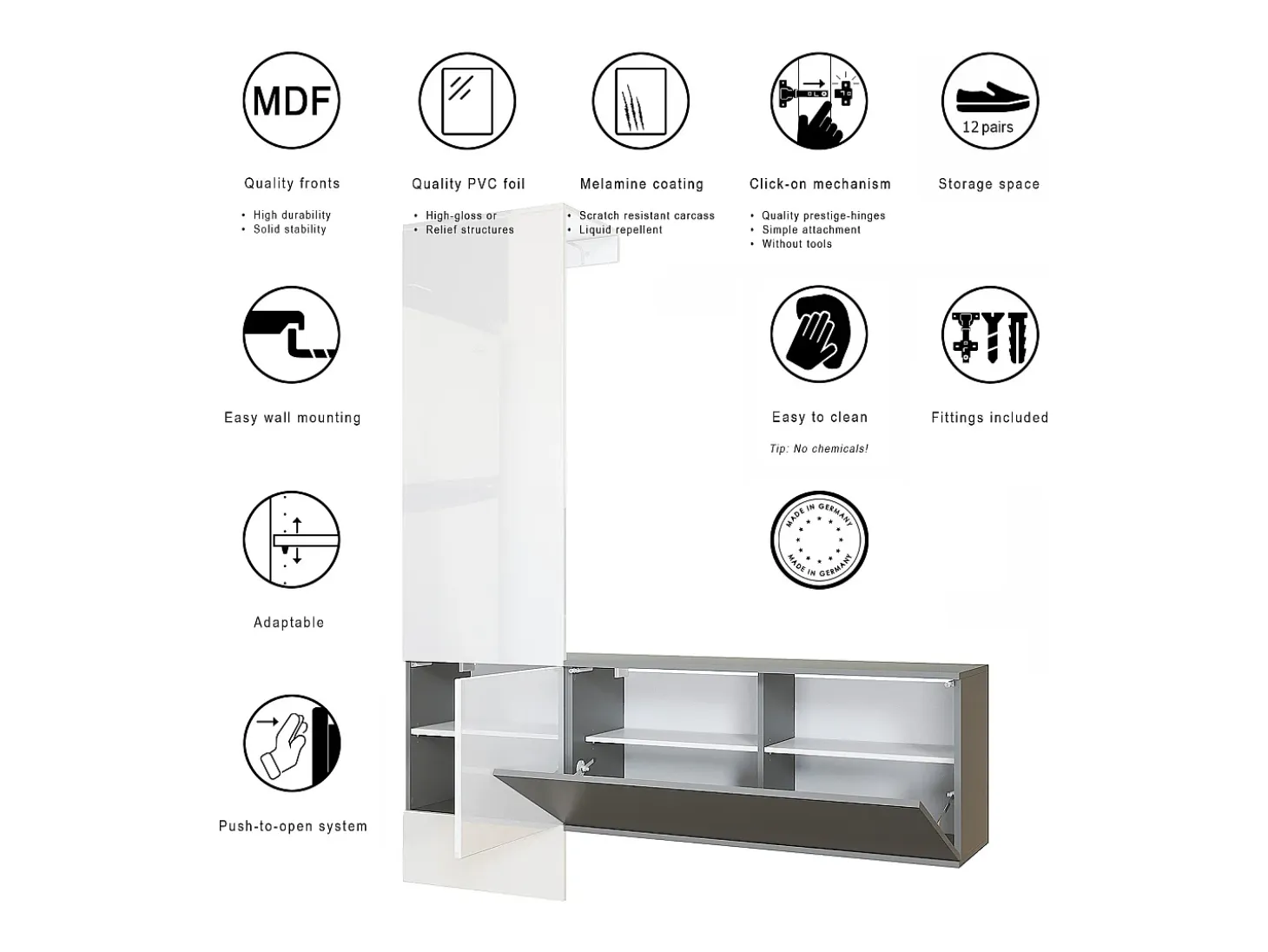 Vladon Mueble recibidor Carlton Set 4, Mueble de entrada compuesto por 1 Perchero, 1 Zapatero, antracita mate/gris arena de alto brillo (156,5 x 193 x 35 cm)