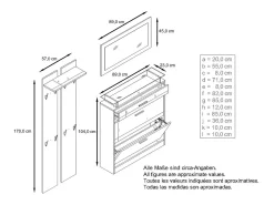 Vladon Mueble recibidor Loret mini, Mueble de entrada compuesto por 1 Zapatero, 1 Espejo de pared y 2 Percheros, Blanco mate/Blanco de alto brillo