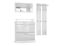 Vladon Mueble recibidor Loret mini, Mueble de entrada compuesto por 1 Zapatero, 1 Espejo de pared y 2 Percheros, Blanco mate/Blanco de alto brillo
