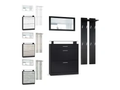 Vladon Mueble recibidor Loret mini, Mueble de entrada compuesto por 1 Zapatero, 1 Espejo de pared y 2 Percheros, Negro mate/Gris de alto brillo