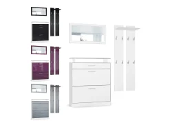 Vladon Mueble recibidor Loret mini, Mueble de entrada compuesto por 1 Zapatero, 1 Espejo de pared y 2 Percheros, Blanco mate/Zarzamora de alto brillo