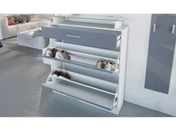 Vladon Mueble recibidor Loret mini, Mueble de entrada compuesto por 1 Zapatero, 1 Espejo de pared y 2 Percheros, Blanco mate/Gris arena de alto brillo