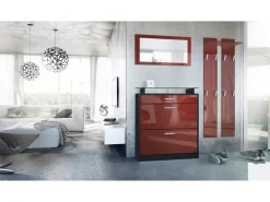 Vladon Mueble recibidor Loret mini, Mueble de entrada compuesto por 1 Zapatero, 1 Espejo de pared y 2 Percheros, Negro mate/Burdeos de alto brillo
