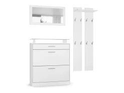 Vladon Mueble recibidor Loret mini, Mueble de entrada compuesto por 1 Zapatero, 1 Espejo de pared y 2 Percheros, Blanco mate/Blanco mate