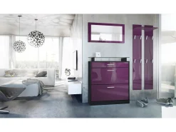 Vladon Mueble recibidor Loret mini, Mueble de entrada compuesto por 1 Zapatero, 1 Espejo de pared y 2 Percheros, Negro mate/Zarzamora de alto brillo