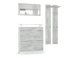 Vladon Mueble recibidor Loret mini, Mueble de entrada compuesto por 1 Zapatero, 1 Espejo de pared y 2 Percheros, Blanco mate/Hormigón oxidado