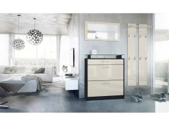Vladon Mueble recibidor Loret mini, Mueble de entrada compuesto por 1 Zapatero, 1 Espejo de pared y 2 Percheros, Negro mate/Crema de alto brillo