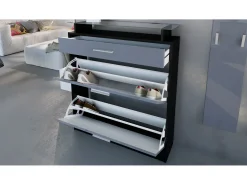 Vladon Mueble recibidor Loret mini, Mueble de entrada compuesto por 1 Zapatero, 1 Espejo de pared y 2 Percheros, Negro mate/Crema de alto brillo