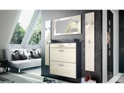 Vladon Mueble recibidor Malea, Mueble de entrada compuesto por 1 Zapatero colgante, 1 Espejo de pared y 2 Percheros, Antracita mate/Crema de alto brillo