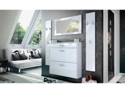 Vladon Mueble recibidor Malea, Mueble de entrada compuesto por 1 Zapatero colgante, 1 Espejo de pared y 2 Percheros, Blanco mate/Blanco de alto brillo