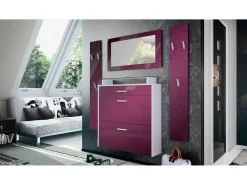 Vladon Mueble recibidor Malea, Mueble de entrada compuesto por 1 Zapatero colgante, 1 Espejo de pared y 2 Percheros, Blanco mate/Zarzamora de alto brillo