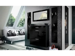 Vladon Mueble recibidor Malea, Mueble de entrada compuesto por 1 Zapatero colgante, 1 Espejo de pared y 2 Percheros, Negro mate/Negro de alto brillo