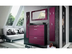 Vladon Mueble recibidor Malea, Mueble de entrada compuesto por 1 Zapatero colgante, 1 Espejo de pared y 2 Percheros, Negro mate/Mûre haute brillance