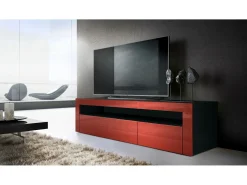 Vladon Mueble TV Valencia, Cómoda TV con 1 Compartimento abierto y 2 Puertas abatibles, Negro mate/burdeos de alto brillo/burdeos de alto brillo (155 x 46 x 40 cm)