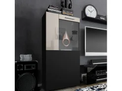 Vladon Vitrina de cine, negro mate/gris arena de alto brillo - Vitrina de cristal moderna - (AxAxP): 50,5 x 111 x 32,5 cm