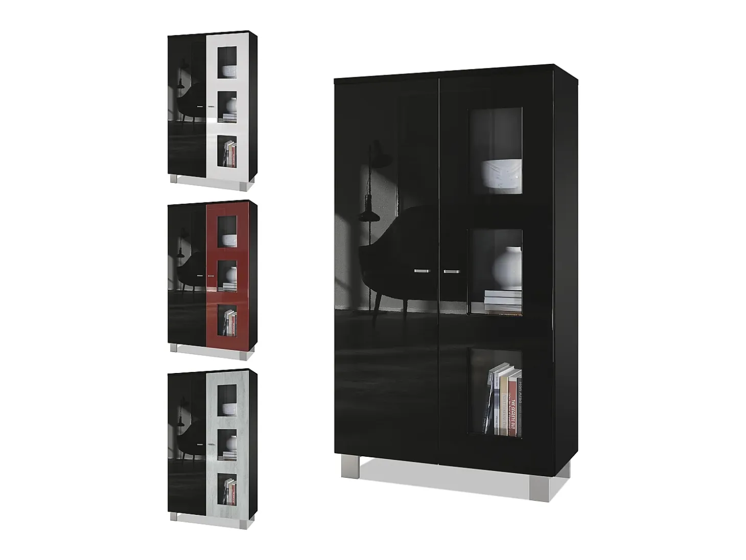 Vladon Vitrina Denjo, Cristalera con 2 Puertas y 3 Estantes de cristal, Negro mate/Negro de alto brillo/Burdeos de alto brillo (71 x 129 x 35 cm)