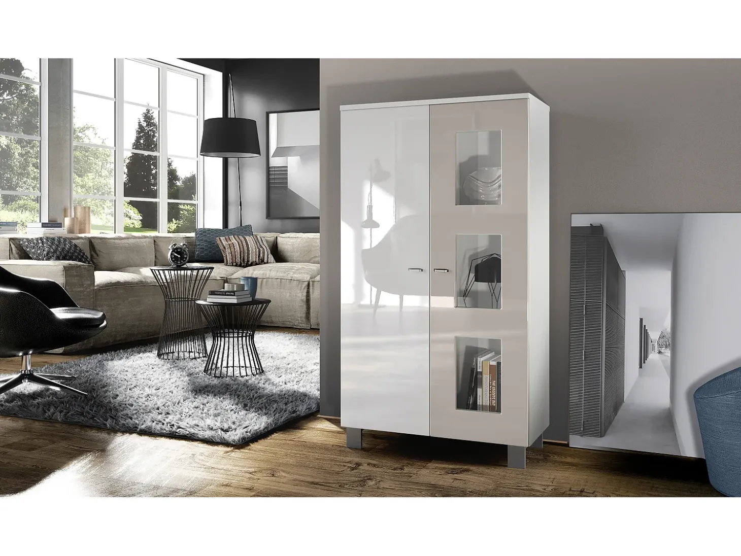 Vladon Vitrina Denjo, Cristalera con 2 Puertas y 3 Estantes de cristal, Blanco mate/Blanco de alto brillo/Gris arena de alto brillo (71 x 129 x 35 cm)