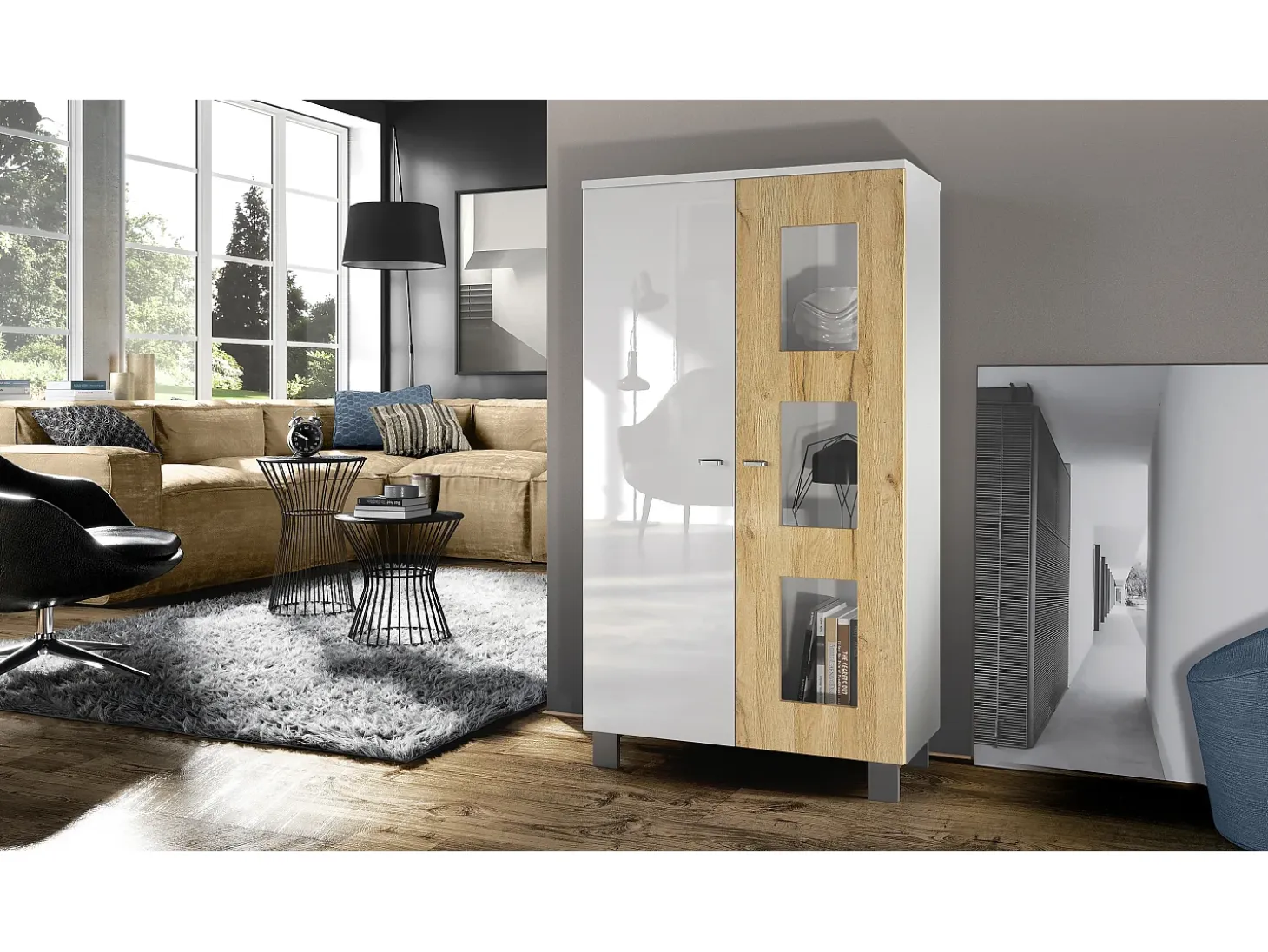 Vladon Vitrina Denjo, Cristalera con 2 Puertas y 3 Estantes de cristal, Blanco mate/Blanco de alto brillo/Roble natural (71 x 129 x 35 cm)
