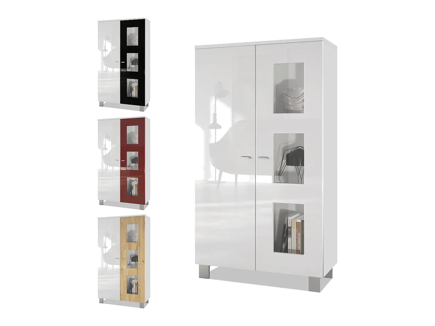 Vladon Vitrina Denjo, Cristalera con 2 Puertas y 3 Estantes de cristal, Blanco mate/Blanco de alto brillo/Burdeos de alto brillo (71 x 129 x 35 cm)
